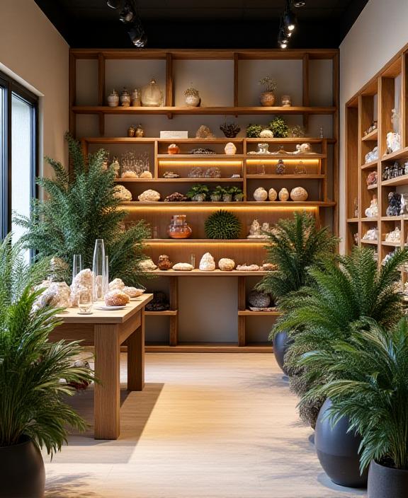 Interno del negozio Muschio e Quarzo con piante e decorazioni minerali.